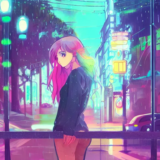 Image similar to listening to music at 2 am, night, pretty hispanic girl, pose, neon rain, lofi, lofi, peaceful, street light, anime key visual, poster, street wears, anime, by ghibli, ghibli studio high quality, 4 k, trending, trending on artstation