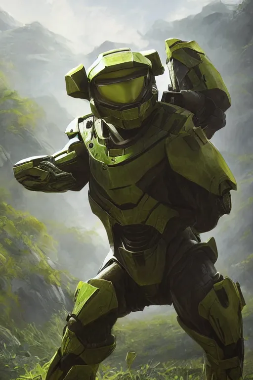 Prompt: victreebel pokemon playing as master chief, oil on canvas, intricate, 8 k highly professionally detailed, hdr, cgsociety