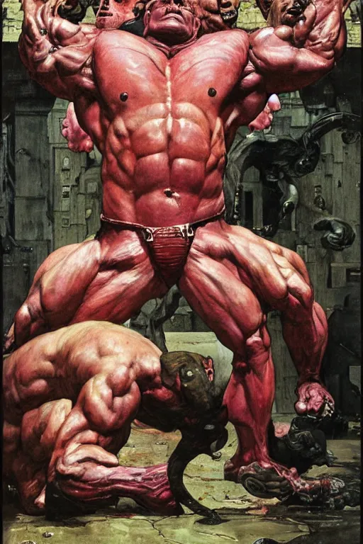 Image similar to portrait of morgan aste as huge pink hulk standing triuphant over dead alien, painted by jack kirby, lawrence alma tadema, norman rockwell, greg staples, wayne barlow, jacob collins, tom lovell, frank schoonover, neville page