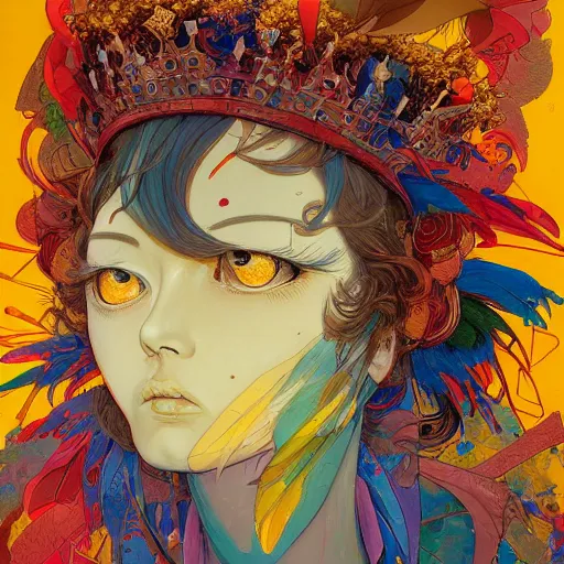 Image similar to prompt : colorful bird, golden crown, soft light painted by james jean and katsuhiro otomo and erik jones, inspired by akira anime, smooth face feature, intricate oil painting, high detail illustration, sharp high detail, manga and anime 1 9 9 9