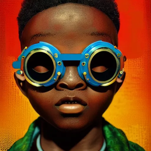 Image similar to colourful vfx upper half - portrait - art of a nigerian boy wearing steam punk goggles, art by utagawa kunisada & james jean, symmetrical, intricate detail, concept art, volumetric light, ray tracing, digital illustration, octane 3 d render, unreal engine, sharp pinterest, behance, art station,