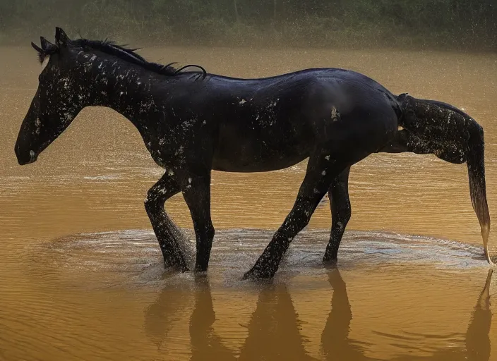 Prompt: horse with crocodile tail, national geographic photography