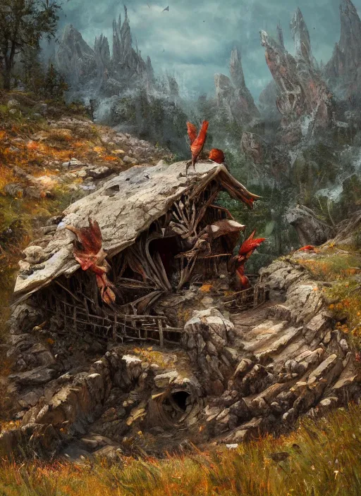 Prompt: giant chicken legs below witch hut, greg rutkowski, zabrocki, karlkka, jayison devadas, trending on artstation, 8 k, ultra wide angle, zenith view, pincushion lens effect