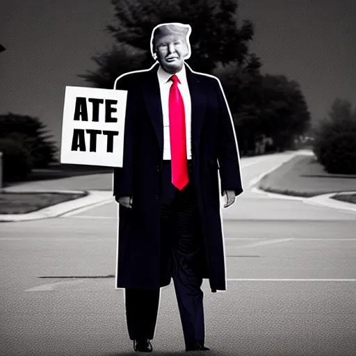 Image similar to a photo of Donald Trump holding a sign saying 'I hate signs !', desaturated photo, cinematic