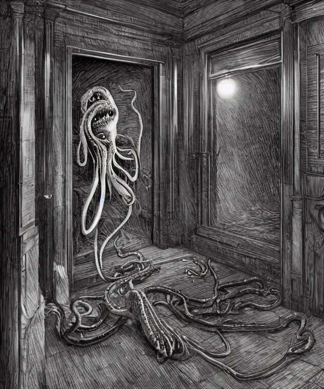 Prompt: horrifying photorealistic painting of a 1 9 2 5 hotel elevator lobby with teeth instead of elevator doors, opening sideways with a tentacle licking out, dark, atmospheric, brooding, smooth, finely detailed, cinematic, epic, lovecraft, in the style of larry elmore