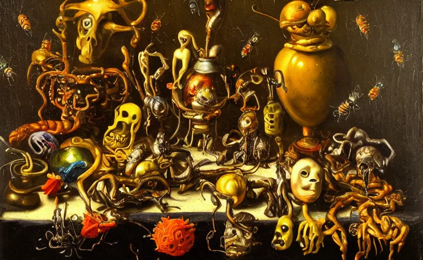 Image similar to disturbing colorful oil painting dutch golden age vanitas still life with bizarre humanoid faces strange beautiful flowers complex metal objects shiny gooey surfaces shiny metal bizarre insects rachel ruysch dali todd schorr very detailed perfect composition rule of thirds masterpiece canon 5 0 mm, cinematic lighting, chiaroscuro