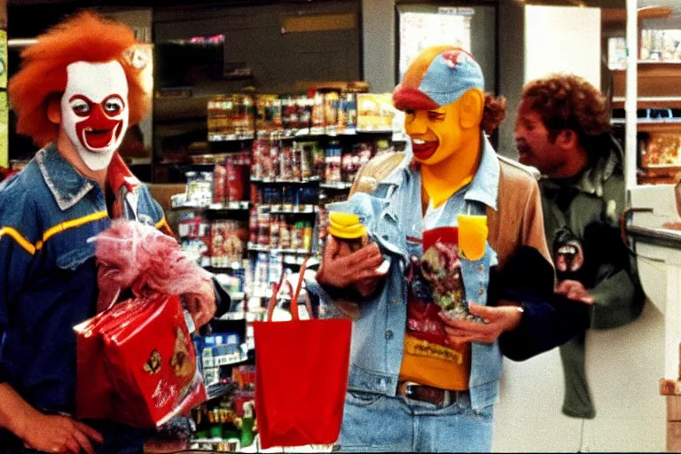 Prompt: a still ronald mcdonald shoplifting from a grocery store in the tv show the a - team, vcr recording