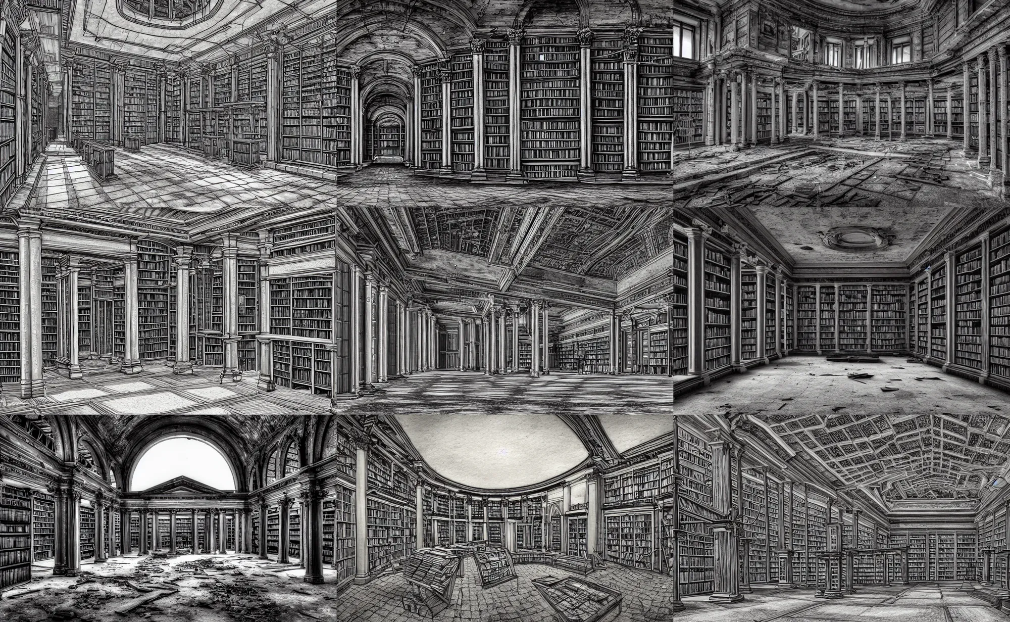 Prompt: Well-detailed abandoned library ruins, monochromatic rendering, vivid lines