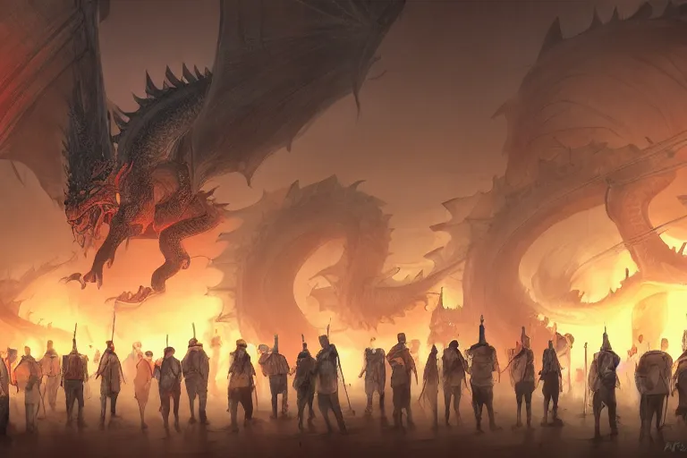 Image similar to lined up crowd are marching toward the chinese palace, big red dragon flying above them, dark atmosphere, light above palace, digital art, trending on artstation