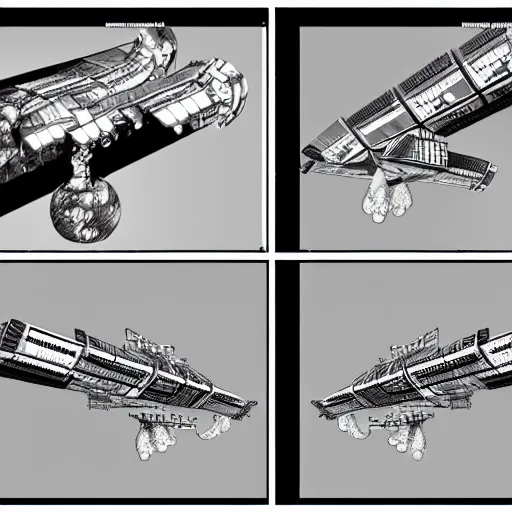 Image similar to top view, side view and front view of a science fiction space station, concept art, digital art, first angle projection