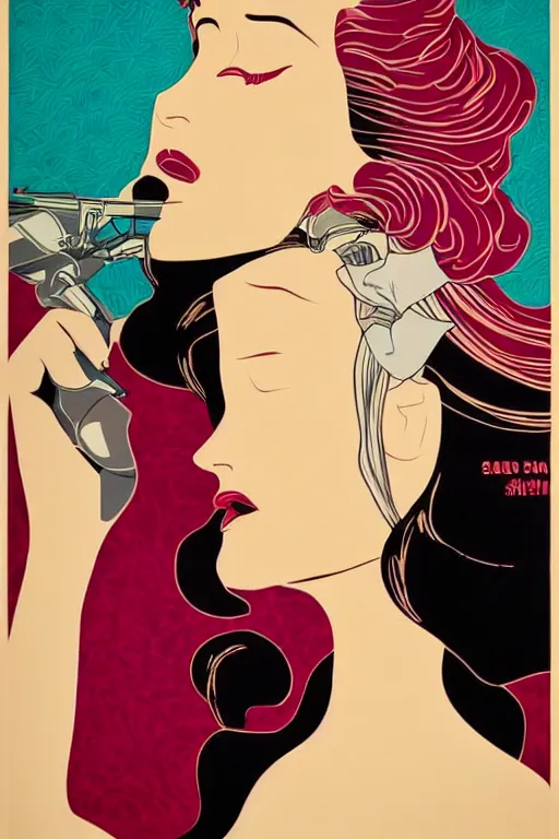Image similar to Shepard Fairey Patrick Nagel poster of a Famous Actress posed in profile, she has beautiful bone structure and long hair. Eyes closed. highly detailed.