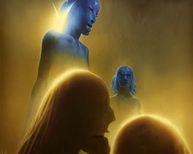 Image similar to twin sisters from another dimension, intimidating, frightening, nightmare, singularity, sharp focus, blue, by Kurosawa, epic tale of the twin sisters, by Beksinski, medieval, transhumanist dancing, god rays, lens flares, dramatic lighting, volumetric lighting, unreal engine