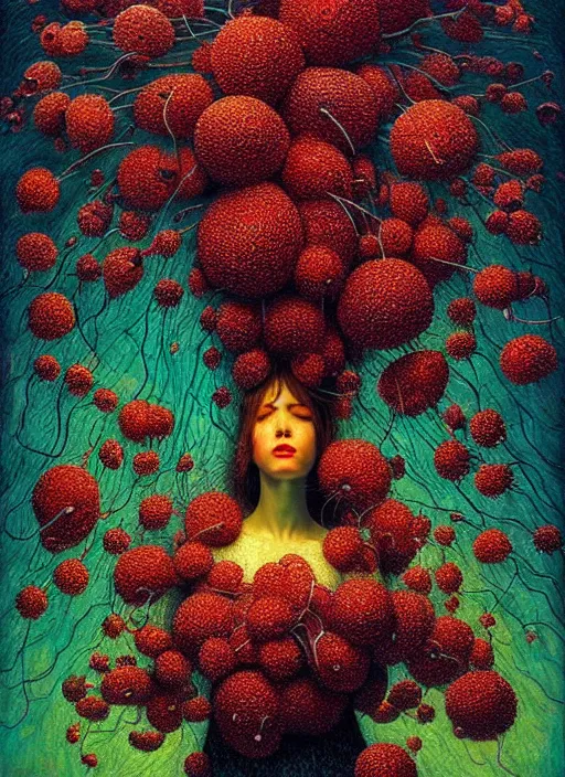 Image similar to hyper detailed 3d render like a Oil painting - Aurora (Singer) Eats of the Strangling Fruit and Her gossamer polyp blossoms bring iridescent fungal flowers whose spores black the foolish stars by Jacek Yerka, Mariusz Lewandowski, Houdini algorithmic generative render, Abstract brush strokes, Masterpiece, Edward Hopper and James Gilleard, Zdzislaw Beksinski, Mark Ryden, Wolfgang Lettl, hints of Yayoi Kasuma, octane render, 8k