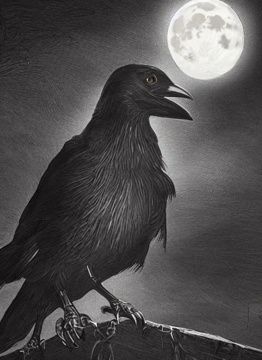 Image similar to portrait, A crow in front of the full big moon, book cover, red white and black colors, establishing shot, extremly high detail, foto realistic, cinematic lighting, pen and ink, intricate line drawings, by Yoshitaka Amano, Ruan Jia, Kentaro Miura, Artgerm, post processed, concept art, artstation, matte painting, style by eddie mendoza, raphael lacoste, alex ross