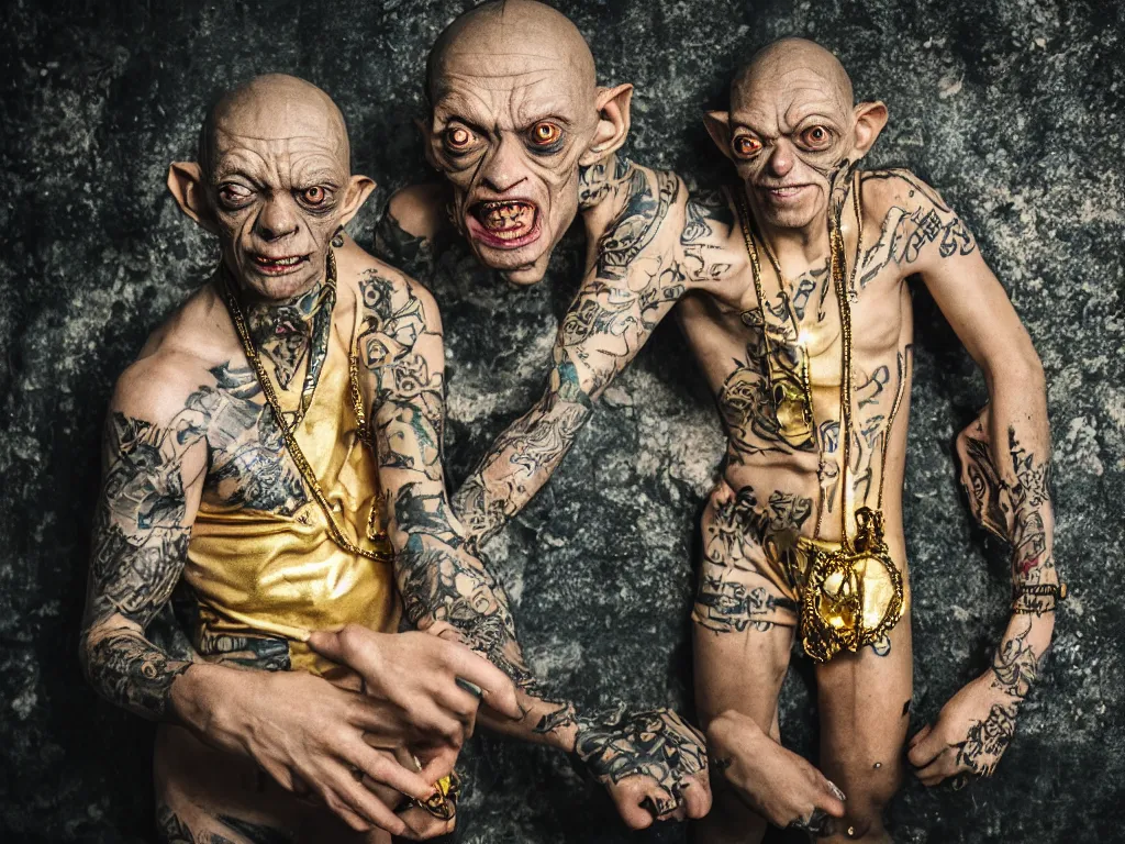 Image similar to gollum proudly wearing gold in a dungeon, bling, hip hop style, tattoos, imax, foggy atmosphere, bokeh, professional studio shot, stylized photo