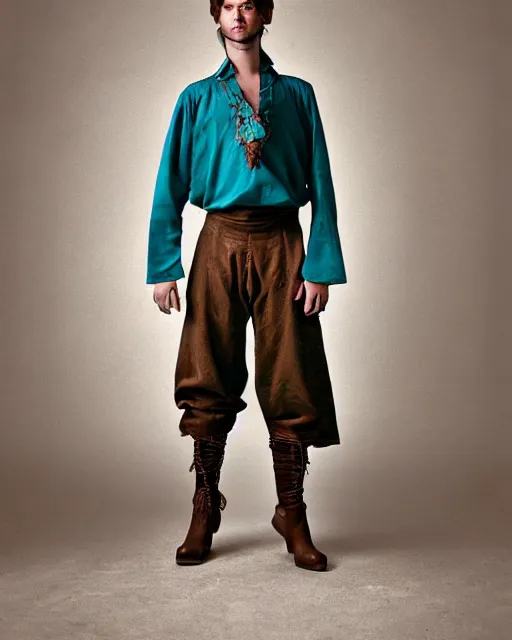 Image similar to an award - winning photo of a ancient male model wearing a teal boot cut flared distressed medieval designer menswear trousers designed by kapital, 4 k, studio lighting, wide angle lens, 2 0 0 4