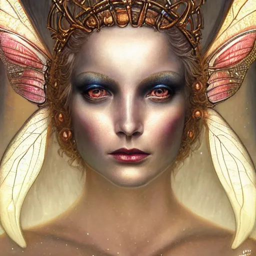 Image similar to beautiful closeup portrait of an art deco faerie queen, glowing eyes. reflective detailed textures, moth wings, highly detailed dark fantasy science fiction painting by tom bagshaw and michael whelan and diego rivera and annie swynnerton and jean delville, elaborate geometric ornament, ancient runes, silver and cool colors. artstation