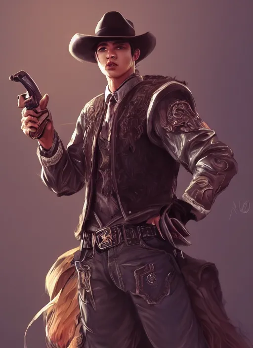 Prompt: a highly detailed illustration of bts v as cowboy wearing black cowboy hat, dramatic wielding gun pose, perfect face, intricate, elegant, highly detailed, centered, digital painting, artstation, concept art, smooth, sharp focus, league of legends concept art, wlop
