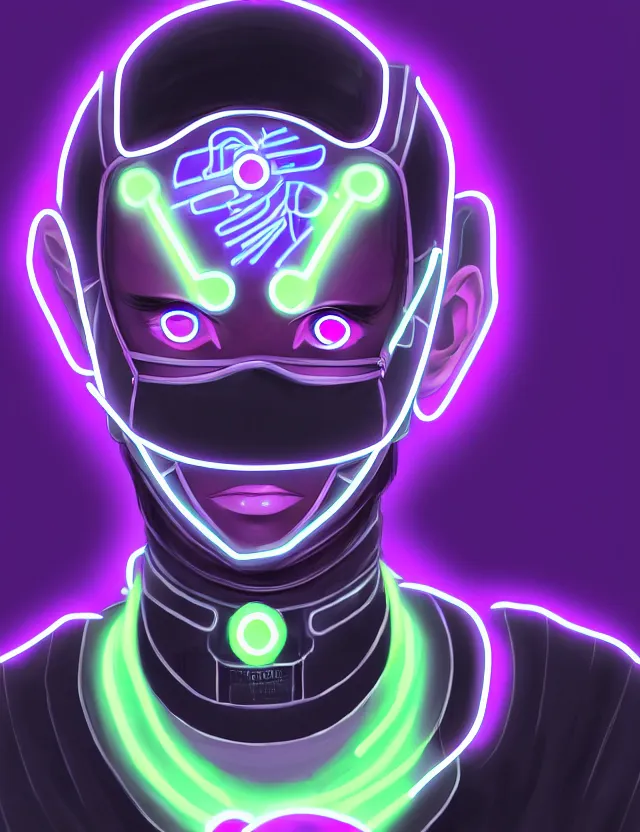 Prompt: a detailed manga portrait of a black haired man with a cybernetic body and face mask with glowing neon purple lights, trending on artstation, digital art, 4 k resolution, detailed, high quality, sharp focus, hq artwork, coherent, insane detail, character portrait