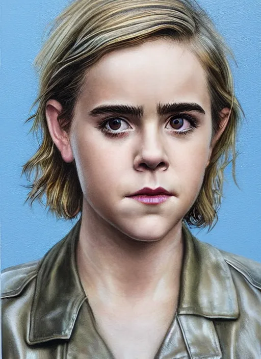 Image similar to portrait of kiernan shipka in heavy rain wearing a leather jacket, wet hair, hyperrealistic, very detailed painting mark brooks and glenn fabry and joao rua