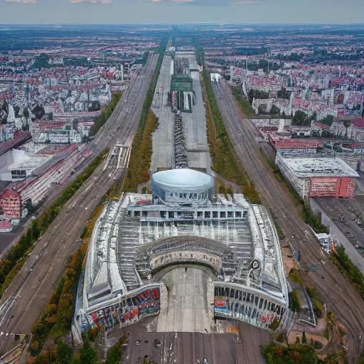 Prompt: Aerial photo of a Minsk city after apocalypse, Minsk Railway station, ultra detailed, High resolution, 4k, nuclear war, alien invasion