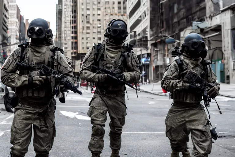 Image similar to Mercenary Special Forces soldiers in grey uniforms with black armored vest and helmets in urban warfare in New York 2022, Canon EOS R3, f/1.4, ISO 200, 1/160s, 8K, RAW, unedited, symmetrical balance, in-frame, combat photography