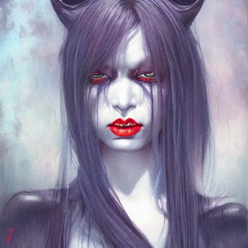 Image similar to portrait of takaonna demon, misty night, beautiful! coherent! by brom! deep colors, strong lines, high contrast