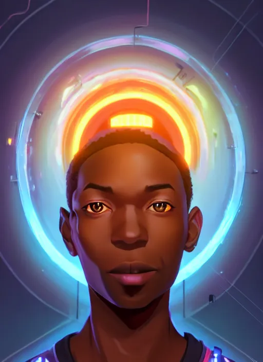 Image similar to handsome african - american engineer stepping through an electric portal, male and full body shot | hyperrealistic digital painting by makoto shinkai, ilya kuvshinov, lois van baarle, rossdraws | afrofuturism in the style of hearthstone and overwatch, trending on artstation | orange highlights and complimentary colors