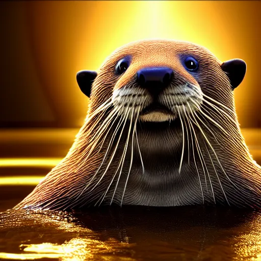 Prompt: a river otter with gold, expression, photo realistic, dramatic cinematic lighting, octane render, 4k, ultra detailed