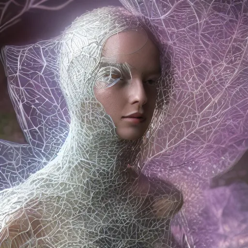 Prompt: a highly detailed ethereal full body shot, digital image of a silver covered elegantly posed futuristic woman beautifully cocooned in chromatic leafy foliage like leaves shot, full body shot, by Andrew Chiampo, artstation, and Frederik Heyman, extremely detailed woman, stunning volumetric lighting, intricate details, hyper realism, fantasy, textured, stylized, 4k,