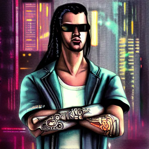 Prompt: portrait of cyberpunk gangster