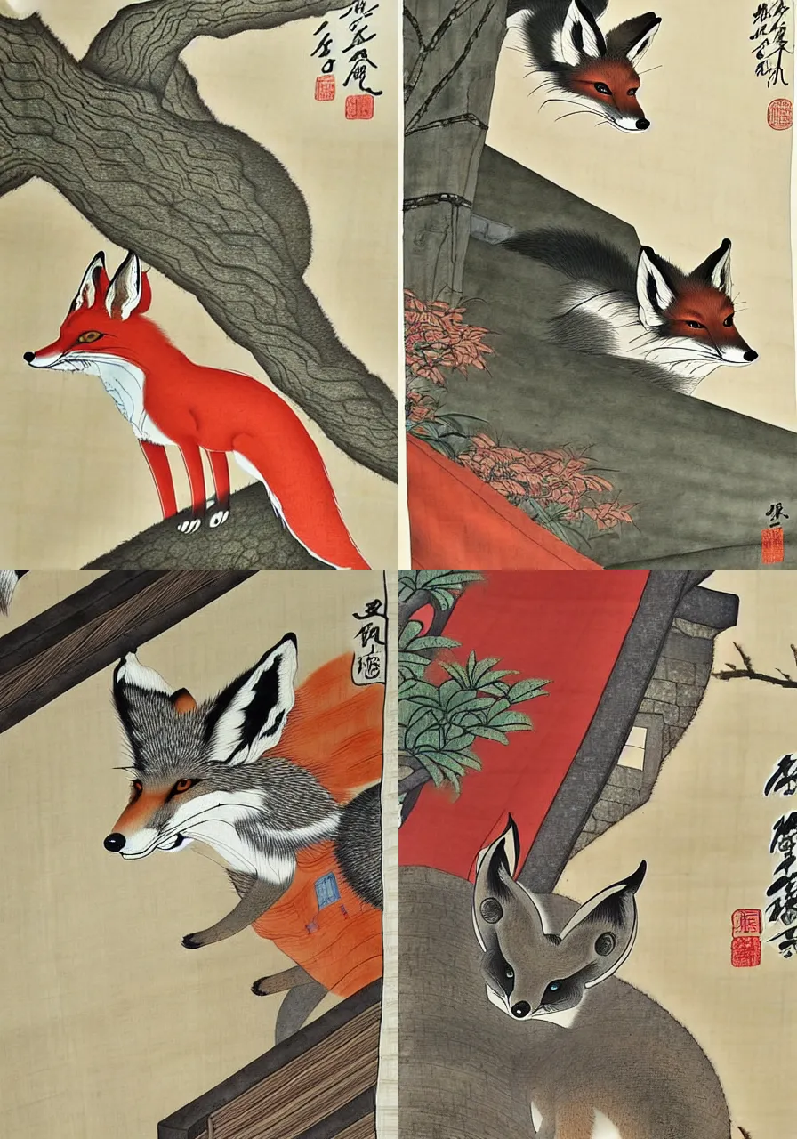 Prompt: sly fox peeking around temple, 1759, by Shen Quan, trending on tumblr, HD, hanging scroll, ink and colour on silk