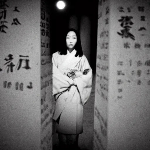 Image similar to black and white photo full shot of beautiful deep thinking Japanese women with perfect eyes and simetrical face, standing in the cementary at night, shot by Akira Kurosawa perfect cinematic light, 8k, highl details, sharp