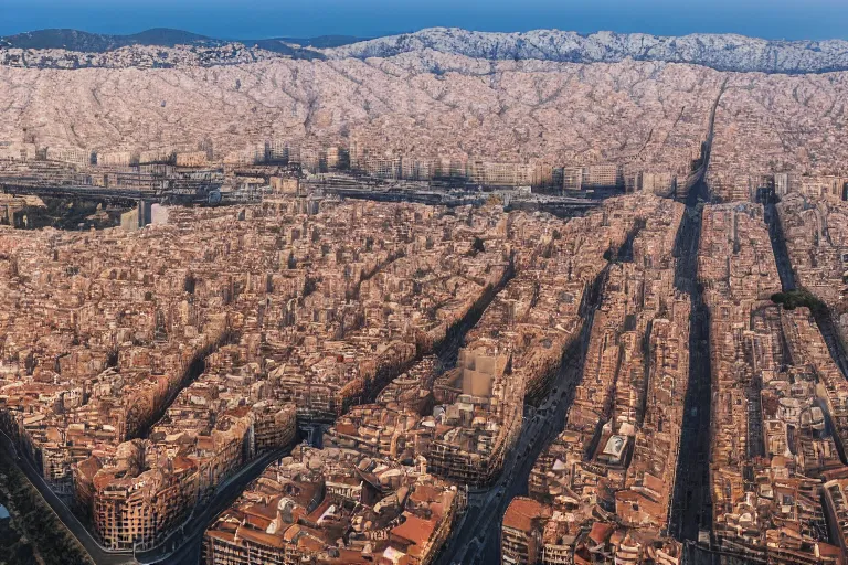 Prompt: air views of dystopian barcelona coast covered with water, global warming, sunset lighting, photo real