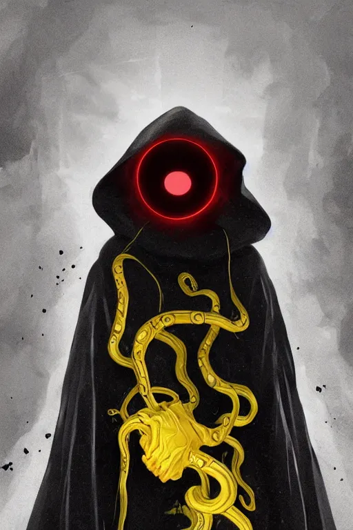 Image similar to A full body portrait of a mysterious character with four red eyes no face with a very long hooded yellow cloak, a golden crown floating above his head tentacles coming out the ground art by Maciej Kuciara and Jason Chan, ominous, cosmic horror, trending on artstation, Ultra detailed, hyper realistic 4k