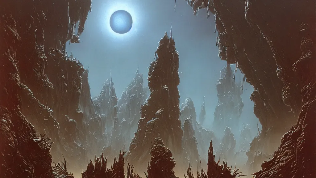 Image similar to eerie atmospheric alien worlds by michael whelan and bernie wrightson, epic cinematic matte painting