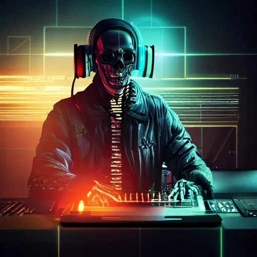 Prompt: cyberpunk skeleton with headphones playing synthesizer, smoke, lights, lasers, highly detailed, realistic, technology and magic,