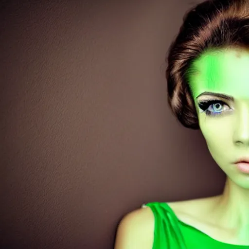 Prompt: brunette woman, flipped hairstyle, bright green eyes