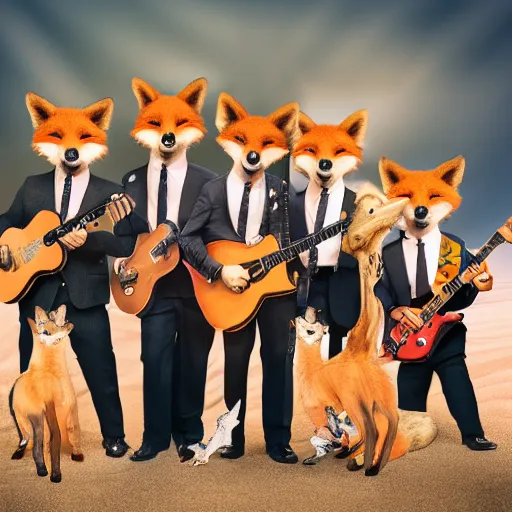 Prompt: music album cover, with foxes animals dressed in suits, holding guitars, on a beach, all looking at camera, studio lighting, 8 5 mm f / 1. 4