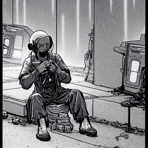 Image similar to Hosea the Beggar priest with cyberpunk headset in busy spaceport on luna 5 colony. Gritty Concept art by James Gurney and Mœbius.