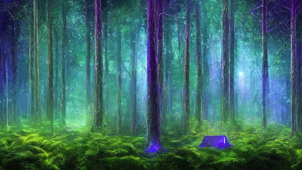Image similar to portrait of an ethereal evergreen forest made of green and purple light with log cabin made of blue light, divine, cyberspace, mysterious, dark high-contrast concept art