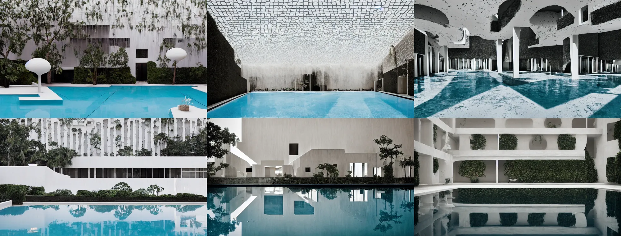 Prompt: symmetrical establishing shot of The courtyard of a monochrome modernist hotel designed by Luis Barragán, An empty swimming pool in the foreground. Walls are made of delicate lace of white slime mold. Single point perspective photographed by Wes Anderson and Andreas Gursky. Cinematic, dramatic lighting, moody, eerie, illustration Sigma 75mm, very detailed, golden hour, Symmetrical, centered, intricate, Dynamic Range, HDR,