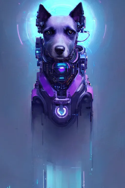 Image similar to a beautiful portrait of a cute cyberpunk dog by greg rutkowski and wlop, purple blue color scheme, high key lighting, digital art, highly detailed, fine detail, intricate, ornate, complex