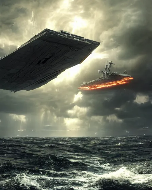 Image similar to scifi action scene of a fishing boat on stormy seas, a very large star destroyer spaceship flying overhead, the very large star destroyer spaceship is emerging from storm clouds, sunset lighting, stormy weather, dramatic lighting, unreal engine, hyper realism, realistic shading, cinematic composition, realistic render, octane render, detailed textures, photorealistic, ultrawide shot, 1 6 mm lens