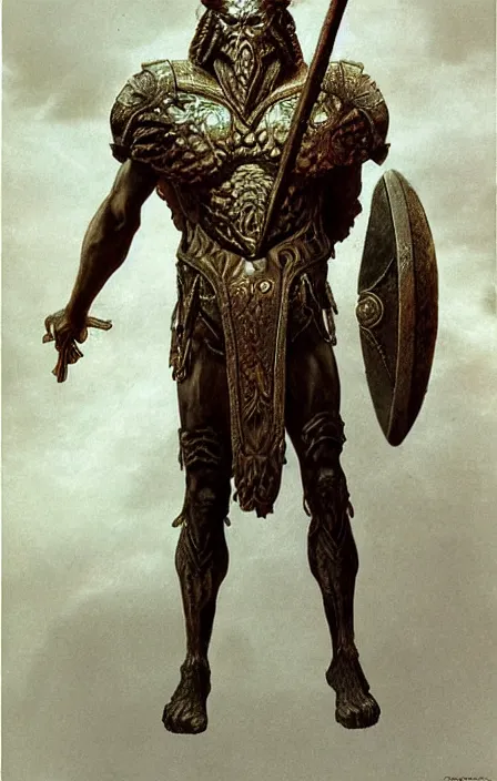 Image similar to zeus concept, wearing thunder armor, ancient greek ornamented armor, beksinski, weta workshop concept art