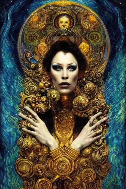 Prompt: Intermittent Chance of Chaos Muse by Karol Bak, Jean Deville, Gustav Klimt, and Vincent Van Gogh, Surreality, enigma, Loki's Pet Project, destiny, Poe's Angel, fate, inspiration, muse, otherworldly, fractal structures, arcane, ornate gilded medieval icon, third eye, spirals