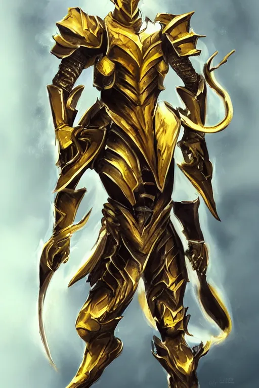 Image similar to Golden dragon born fighter wearing plate armor, concept art, trending on artstation