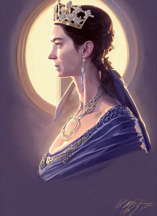 Prompt: portrait of emily blunt as arrogant queen, jewelry, greek, sapphire, victorian age, 1 8 9 0, intricate, headshot, key visual, conceptart, ambient lighting, highly detailed, digital painting, artstation, concept art, sharp focus, by makoto shinkai and akihiko yoshida and greg manchess