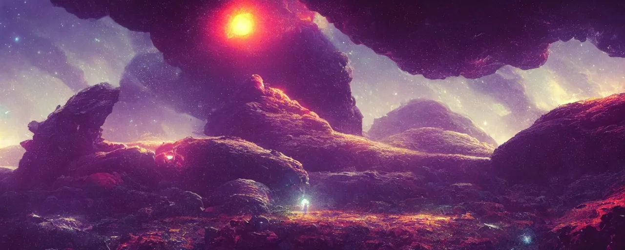 Image similar to ” small rock asteroid, [ black starry space, cinematic, detailed, epic, widescreen, opening, establishing, mattepainting, photorealistic, realistic textures, octane render, art by paul lehr ] ”