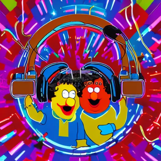 Image similar to svg sticker of a Pop-Wonder Bert&Ernie, Sesame-Street, at a rave, spinning records, giant headphones rocking out, wearing headphones, huge speakers, dancing, rave, DJ, spinning records, digital art, amazing composition, rule-of-thirds, award-winning, trending on artstation, featured on deviantart